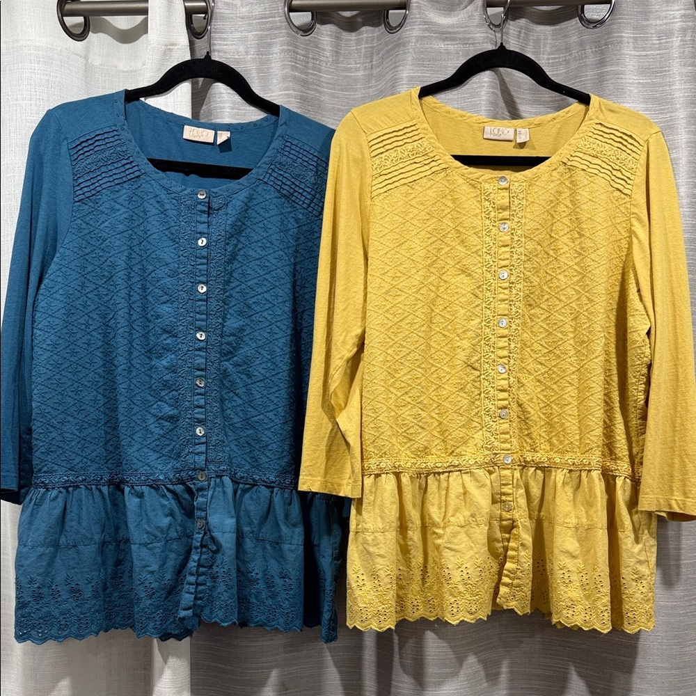 LOGO Lavish by Lori Goldstein BUNDLE Blue and Yellow Lace Blouses -Size Large
